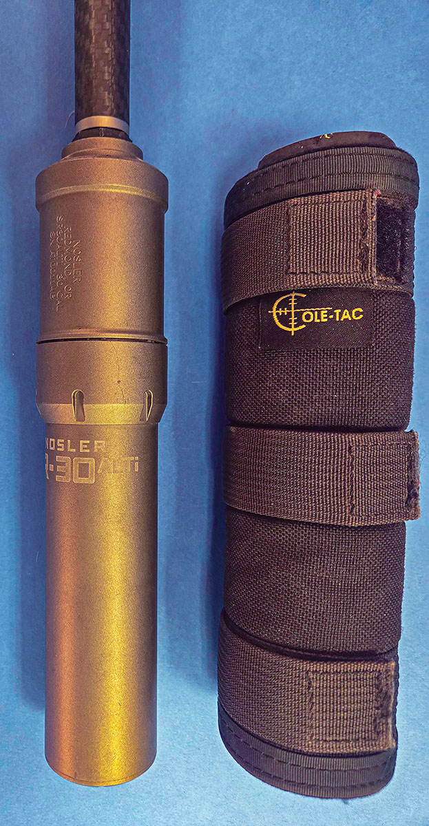 All load development was conducted with  a Nosler SR-30 ALTI suppressor with a  Cole-Tac suppressor cover to help reduce  the mirage while  testing. The suppressor did a great job of  reducing the noise and recoil. Thanks to its lightweight construction it added little weight to an already light rifle.